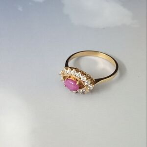 Merlite "RARE" Vintage Pink Chalcedony & White Zircon Eye Ring -Size: 8.5